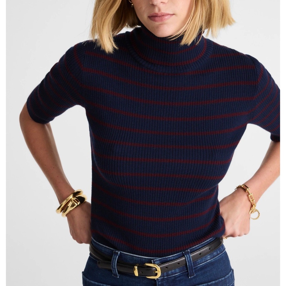 Madewell Women's Navy Stripe Merino Wool Rib Short Sleeve Turtleneck Top XL New